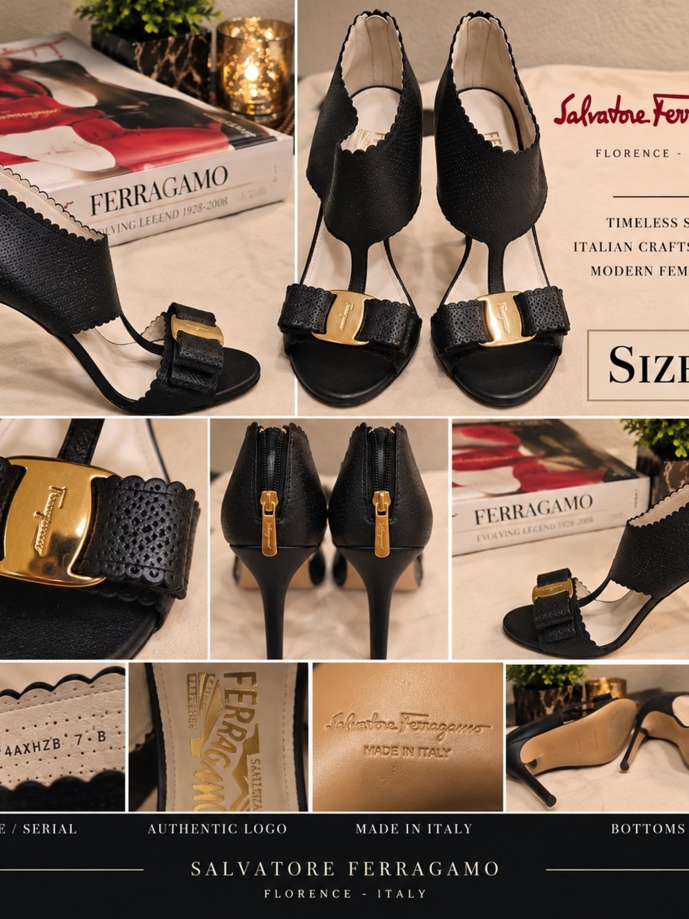 Salvatore Ferragamo Black Leather Scalloped Bow T-Strap Heels with Gold Buckle